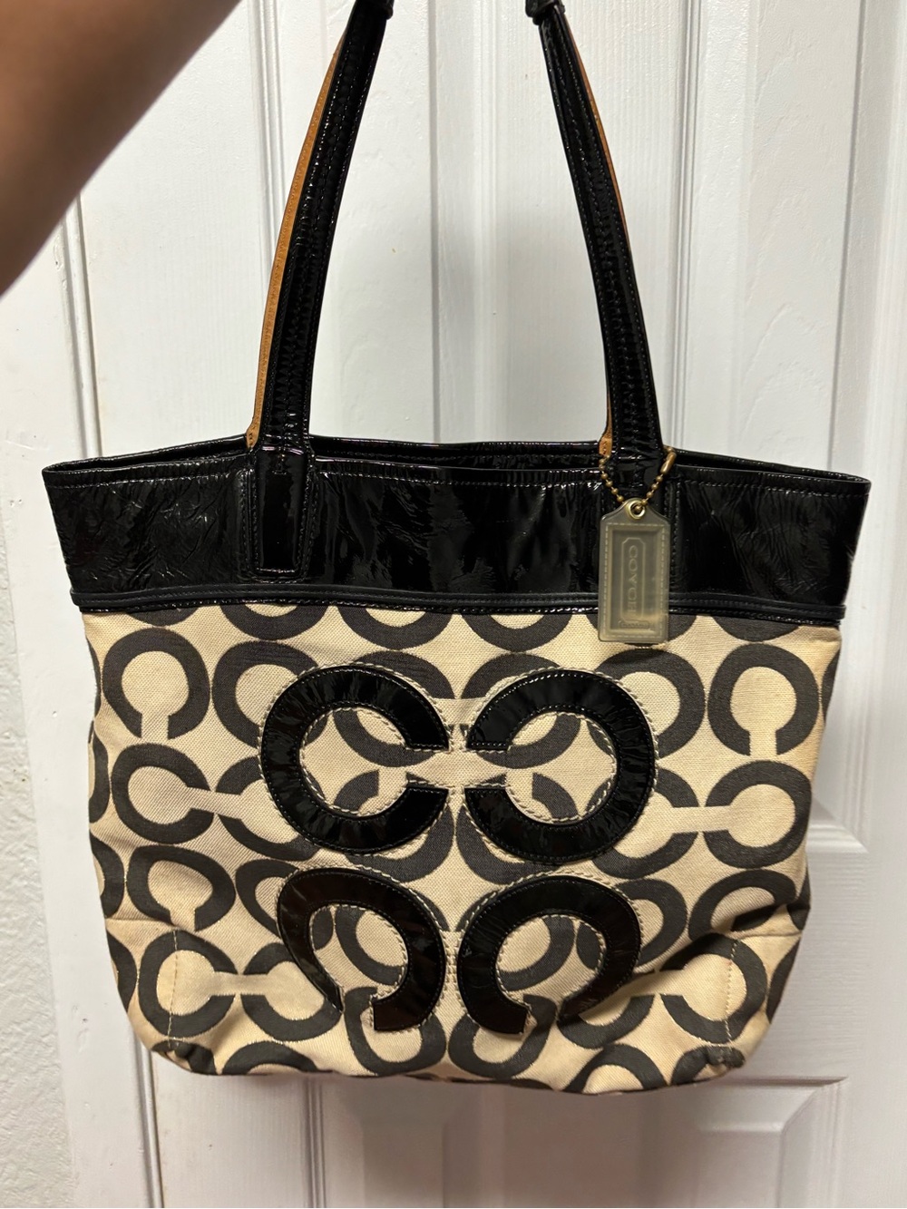 Coach Black and Cream Signature Canvas Tote with Patent Trim